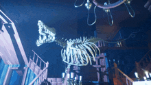 a skeleton of a dinosaur is hanging from the ceiling