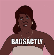 a cartoon of a woman sitting at a desk with the words bagsactly written on the bottom
