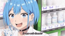 a girl with blue hair is drinking from a carton of milk