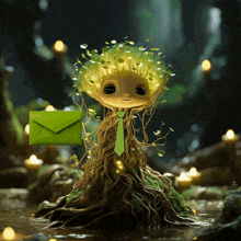 a cartoon character with a green envelope in his hand