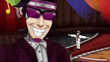 a cartoon character wearing purple sunglasses and a purple jacket is smiling
