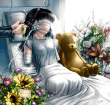 a painting of a woman in a hospital bed with a teddy bear and flowers