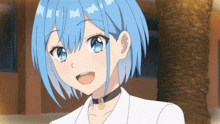 a girl with blue hair is wearing a choker and a white jacket