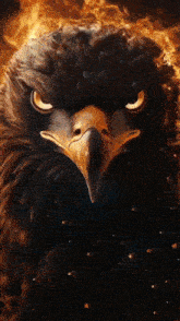 a close up of an eagle 's face with flames around it
