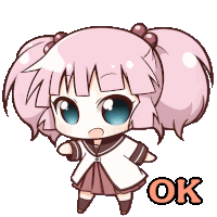 a drawing of a girl with pink hair and the word ok below her