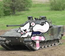 a cartoon drawing of a cat sitting on a tank