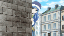 a girl with blue hair is peeking out from behind a wall
