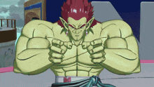a cartoon character with green muscles and red hair is pointing at the camera