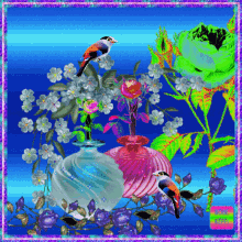 a painting of flowers and birds with a purple border