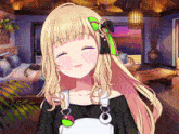 a girl with blonde hair is smiling in a room with a sunset in the background