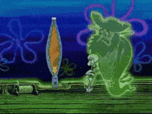 a cartoon of spongebob and a green ghost