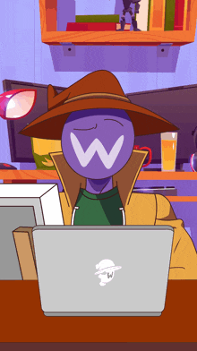 a cartoon character with the letter w on his face is sitting at a desk with a laptop