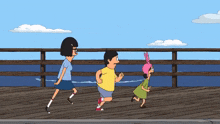 three cartoon characters are running on a pier