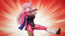 a pink haired anime girl in a superhero costume is kicking a red object .