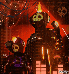 two robots with skulls on their heads are standing next to each other in a dark room