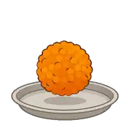 a cartoon illustration of a pile of orange balls on a silver plate