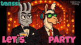 a cartoon of two llamas standing next to each other with the words let 's party in pink