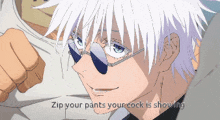 a pixel art of a man with the words zip your pants your cock is showing below him