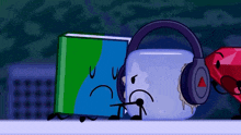 a cartoon character wearing headphones is standing next to a book .