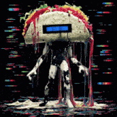a painting of a robot with a taco on his head with a blue screen on it
