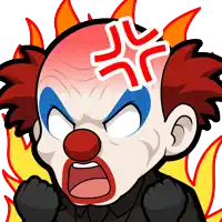a cartoon drawing of an angry clown with flames around his head