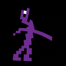 a pixel art of a purple dinosaur with a white eye on a black background
