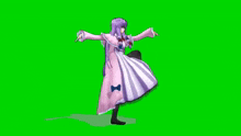 a purple haired anime girl in a purple and white dress is dancing on a green screen .