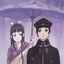 a man and a woman are standing next to each other under an umbrella .