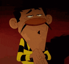 a cartoon character with a mustache has his eyes closed and his hands folded