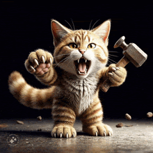 a cat is holding a hammer in its paws