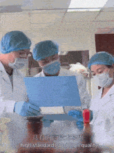 a group of people wearing masks and gloves looking at a blue folder with the words high standards and high quality below them