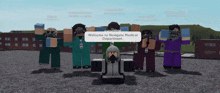 a group of people are standing in front of a sign that says welcome to newgate medical department ..