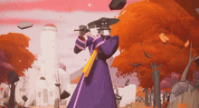 a cartoon character in a purple robe is holding a stick