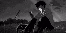 a black and white cartoon of a boy sitting in the grass looking at his cell phone .