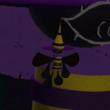 a cartoon character wearing a purple and yellow hat with the letter c on it