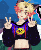 a pixel art drawing of a person wearing a crop top that says happy