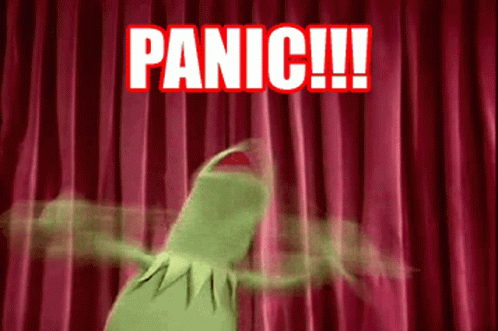 kermit the frog flailing under a flashing sign that reads PANIC!!!