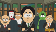 a cartoon of a man in a suit driving a bus with other people