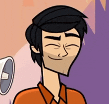 a cartoon man with black hair is smiling with his eyes closed .