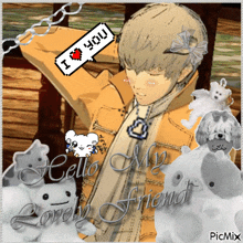 a picture of a boy with a speech bubble that says i heart you