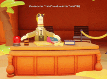 a cartoon character sits at a desk with the words prosecutor rekt noob master rekt