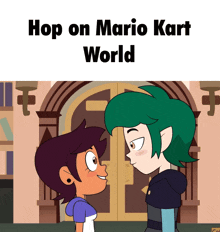 two cartoon characters standing next to each other with the words hop on mario kart world below them