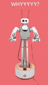 a robot with a red background and the words " whyyyy " on top
