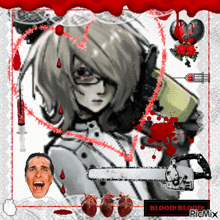 a picture of a woman holding a chainsaw with the words blood blood on the bottom