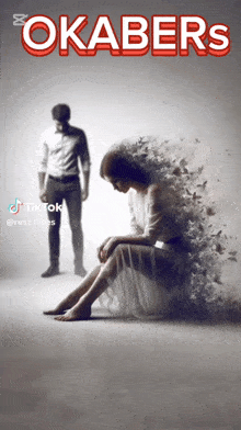 a poster for okabers shows a woman sitting on the floor with a man standing behind her