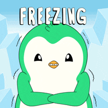 a green and white penguin with the words freezing written above it