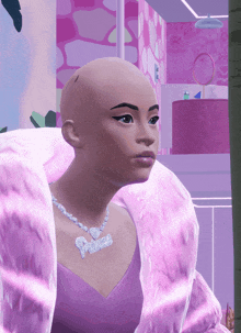 a bald woman wearing a pink fur coat and a necklace that says princess