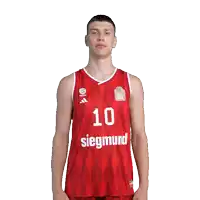 a man wearing a red siegmund jersey stands in front of a white background