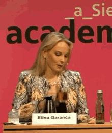 a woman sitting at a podium with a name tag that says elina garanca