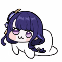 a cartoon drawing of a girl with purple hair and purple eyes